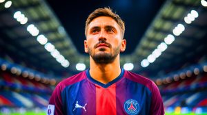 Illustration de Gianluigi Donnarumma en maillot du PSG, évoquant son potentiel transfert. Image réalisée par IA.