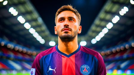 Illustration de Gianluigi Donnarumma en maillot du PSG, évoquant son potentiel transfert. Image réalisée par IA.