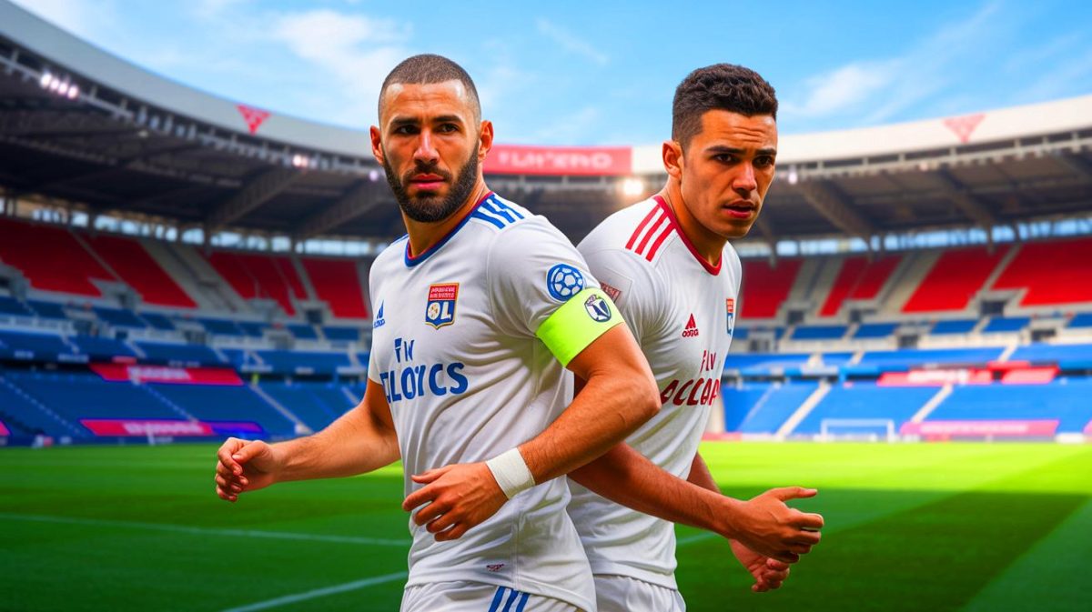 Illustration de Karim Benzema et Hatem Ben Arfa lors de leur époque à l'Olympique Lyonnais, avec des pressions familiales influençant leur carrière. Image réalisée par IA.