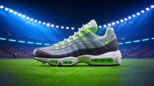 Illustration de la transformation de l'Air Max 95 en chaussure de football dans la gamme Mercurial de Nike. Image réalisée par IA.