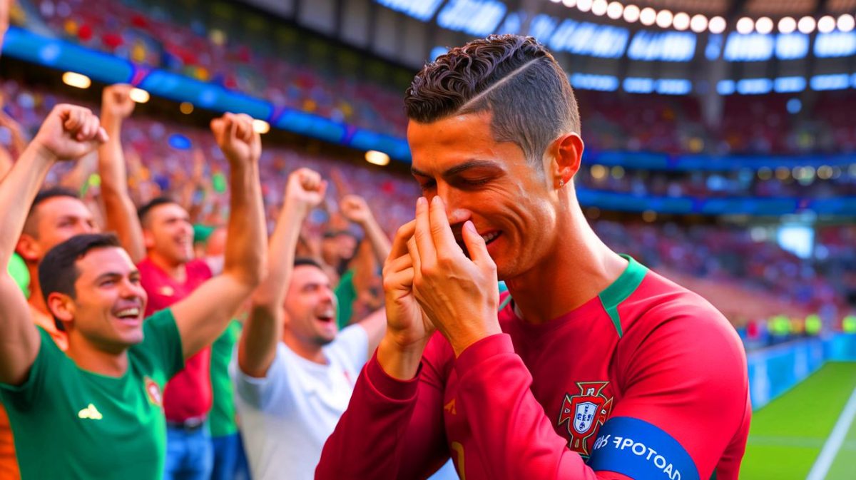 Illustration de Cristiano Ronaldo en larmes après la victoire du Portugal en Ligue des nations. Image réalisée par IA.