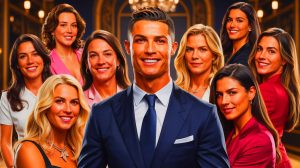 Illustration de Cristiano Ronaldo entouré des femmes marquantes de sa vie amoureuse. Image réalisée par IA.