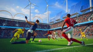 Illustration de Rematch, un jeu de football multijoueur en ligne futuriste. Image réalisée par IA.