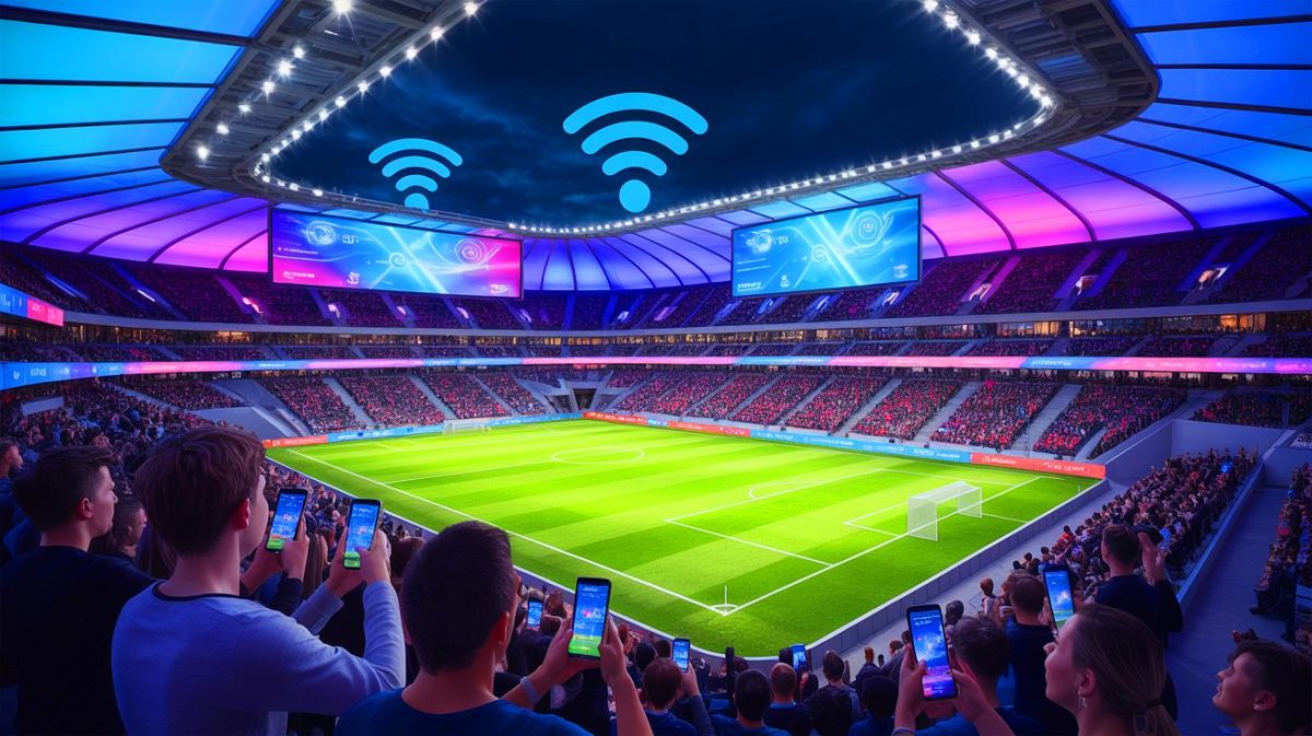Illustration de stades sportifs modernes intégrant des technologies avancées. Image réalisée par IA.