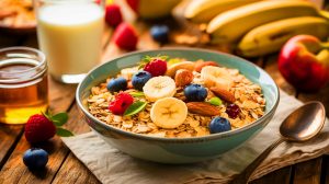 Illustration de la préparation d'un muesli sain et équilibré pour le petit-déjeuner. Image réalisée par IA.