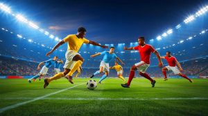 Illustration de la philosophie de jeu Tiki-Taka avec des joueurs en mouvement constant. Image réalisée par IA.