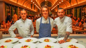 Illustration de l'ouverture du restaurant Rhudo par Antoine Griezmann, Marcos Llorente et Paco Roncero. Image réalisée par IA.