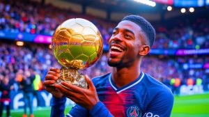 Illustration de la victoire d'Ousmane Dembélé en tant que favori pour le Ballon d'Or 2025. Image réalisée par IA.