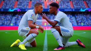 Illustration de Kylian Mbappé et Vinicius Jr. au cœur des tensions salariales au Real Madrid. Image réalisée par IA.