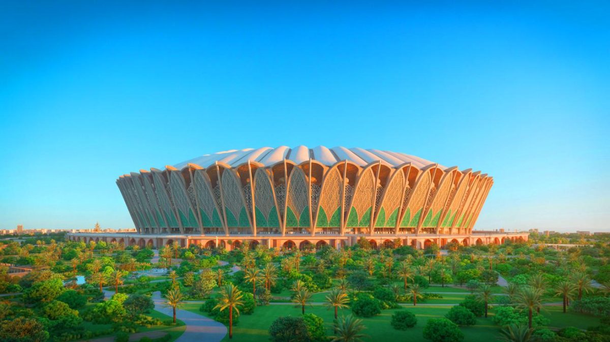 Illustration du stade Hassan II à Casablanca avec un design inspiré des tentes traditionnelles marocaines. Image réalisée par IA.