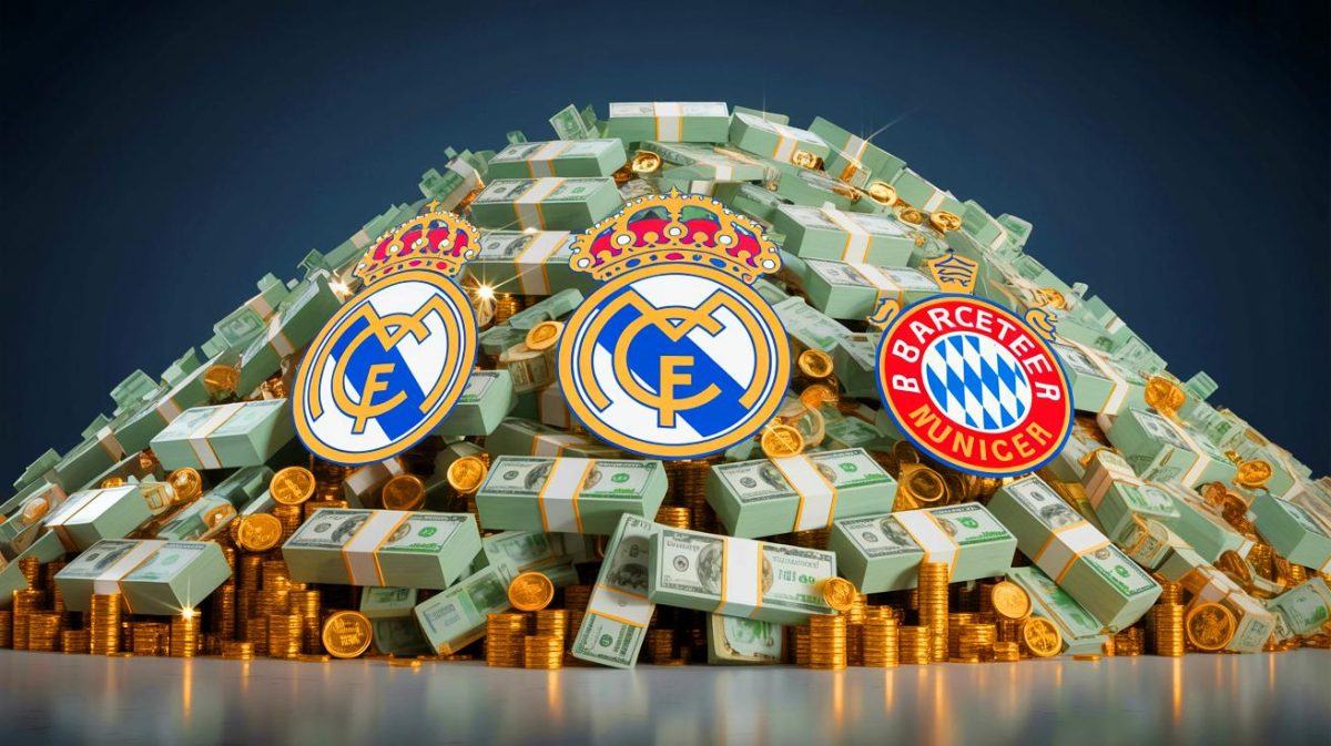 Illustration de la domination financière historique du Real Madrid et du Paris Saint-Germain dans le football. Image réalisée par IA.
