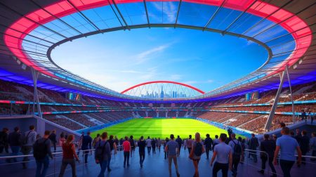 Illustration de la future enceinte du PSG accueillant 80 000 à 90 000 spectateurs. Image réalisée par IA.