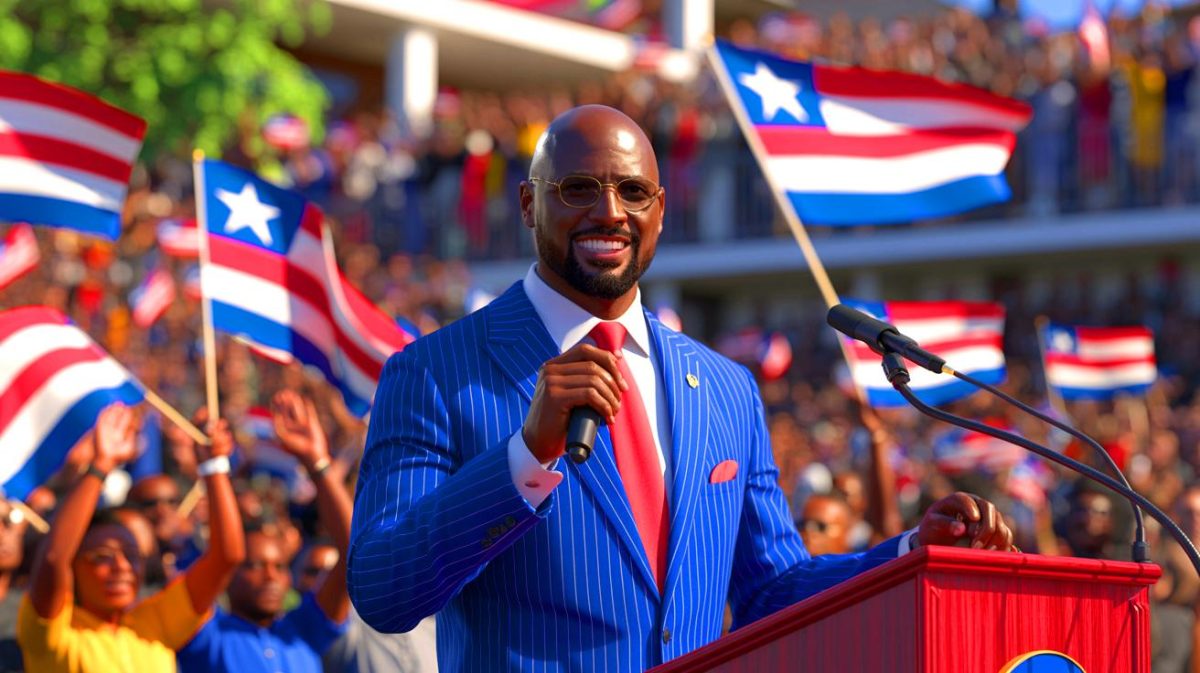 Illustration de George Weah, ancien footballeur devenu président du Liberia, candidat à sa réélection. Image réalisée par IA.