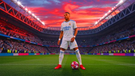 Illustration de Kylian Mbappé se préparant à un potentiel retour sur les terrains pour le Real Madrid. Image réalisée par IA.
