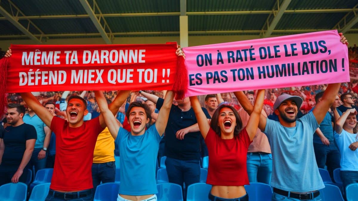 Illustration de banderoles humoristiques de supporters de football dans les stades. Image réalisée par IA.