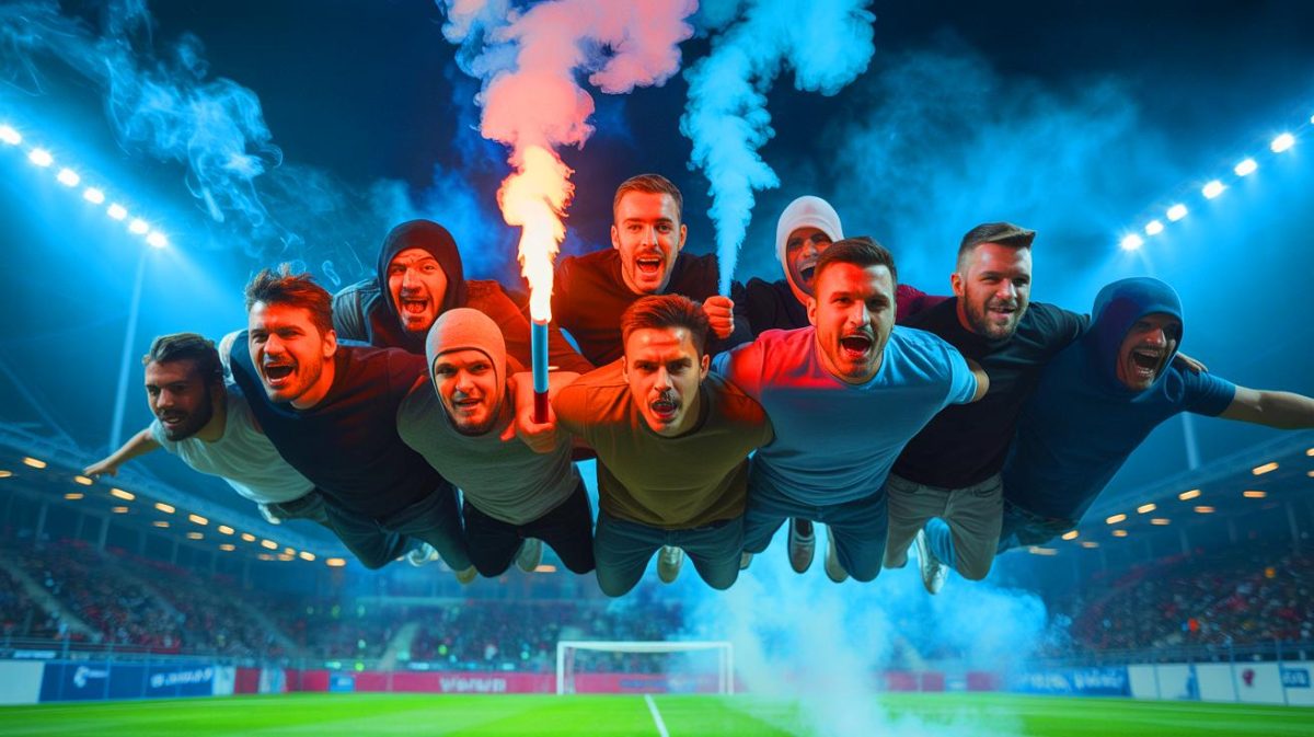 Illustration de groupes de supporters de football violents lors d'un match. Image réalisée par IA.