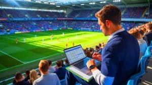 Illustration de scouts de football en pleine analyse de joueurs sur le terrain. Image réalisée par IA.