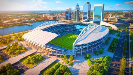 Illustration de la transformation du TIAA Bank Field en stade du futur à Jacksonville. Image réalisée par IA.