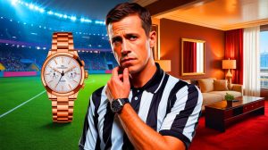 Illustration de Tony Chapron révélant des tentatives de corruption dans le football. Image réalisée par IA.
