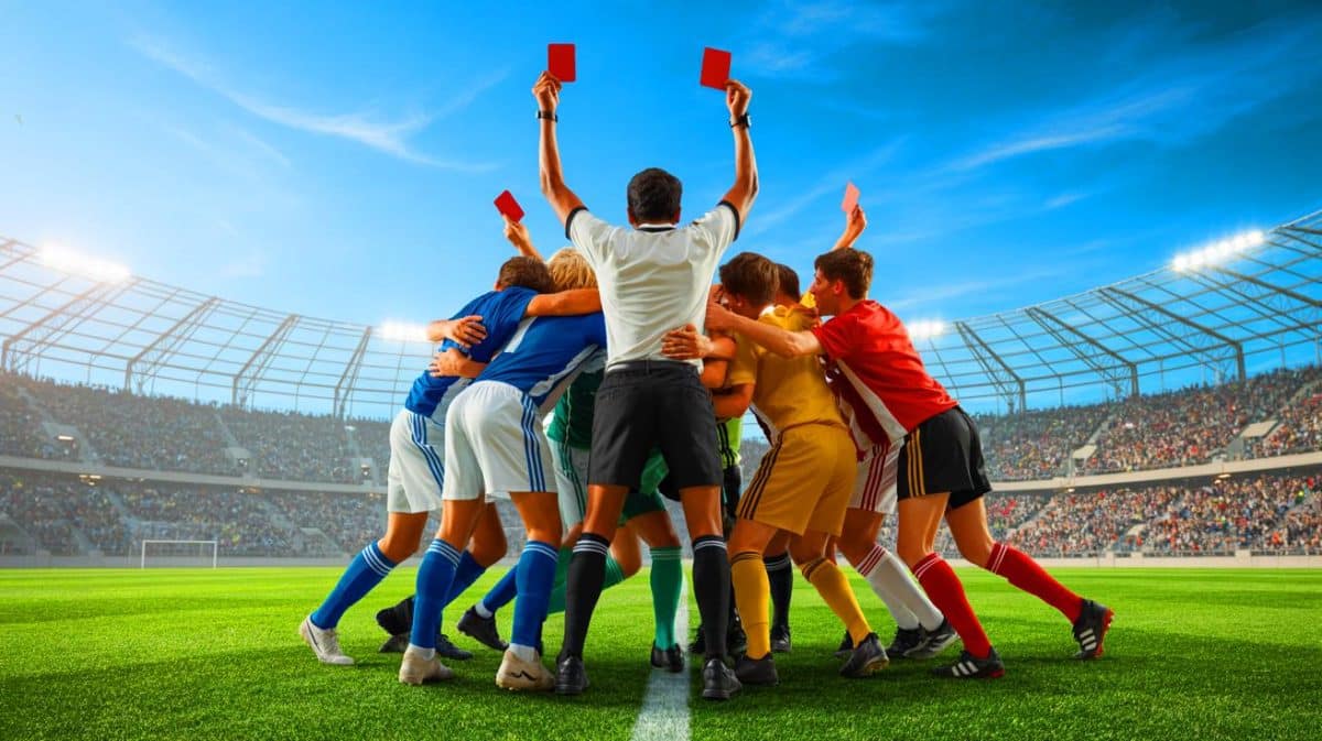 « 36 cartons rouges d’un coup » : ce match surréaliste entre dans l’histoire comme le plus chaotique jamais arbitré Illustration de l'arbitre distribuant 36 cartons rouges lors d'un match de football junior au Paraguay. Image réalisée par IA.