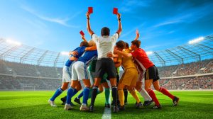 Illustration de l'arbitre distribuant 36 cartons rouges lors d'un match de football junior au Paraguay. Image réalisée par IA.