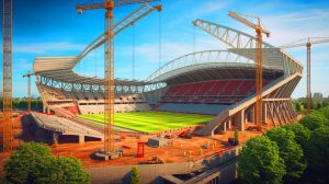 Illustration de la construction d'un nouveau stade de 90 000 places du PSG à Massy. Image réalisée par IA.