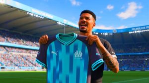 Illustration de la révélation du nouveau maillot de l'Olympique de Marseille par le rappeur Alonzo. Image réalisée par IA.