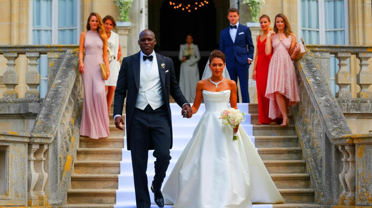 Illustration de Kareen Guiock et Lilian Thuram lors de leur mariage à Fontainebleau. Image réalisée par IA.