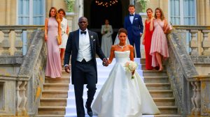 Illustration de Kareen Guiock et Lilian Thuram lors de leur mariage à Fontainebleau. Image réalisée par IA.