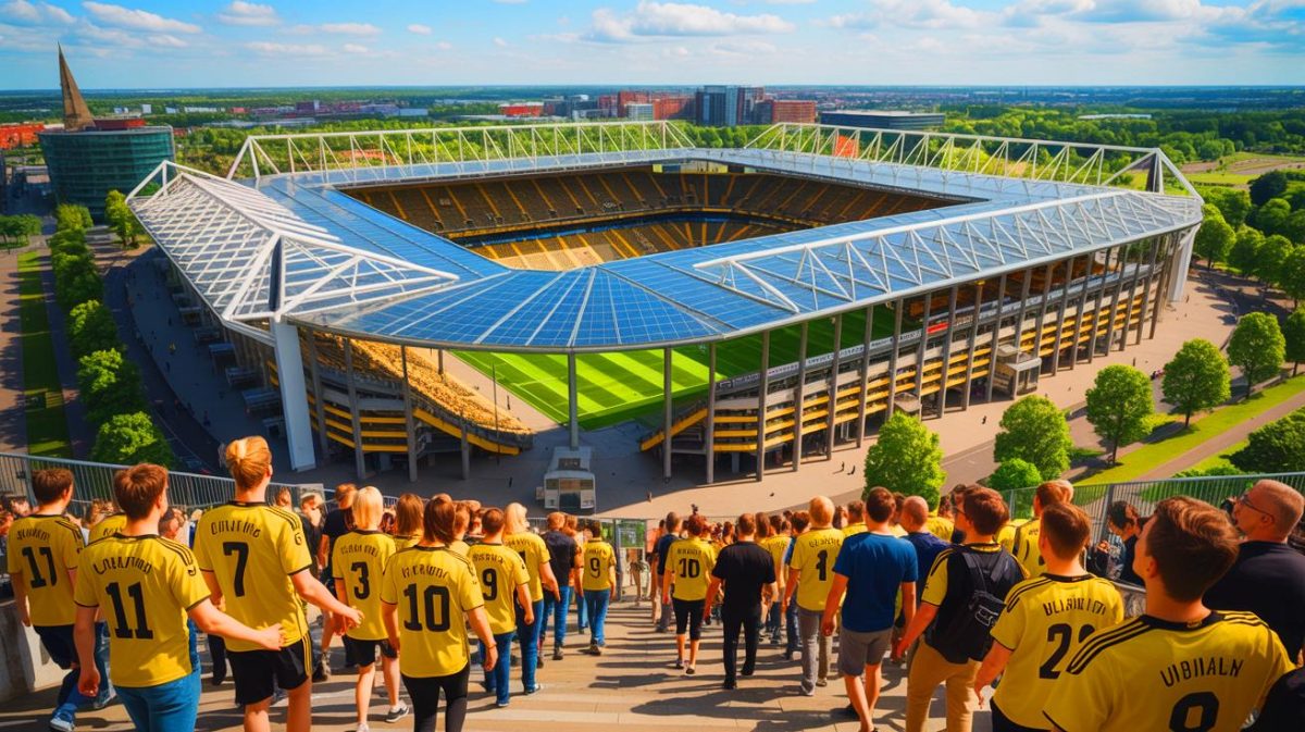 Illustration de l'installation du toit solaire au SIGNAL IDUNA PARK par le Borussia Dortmund. Image réalisée par IA.