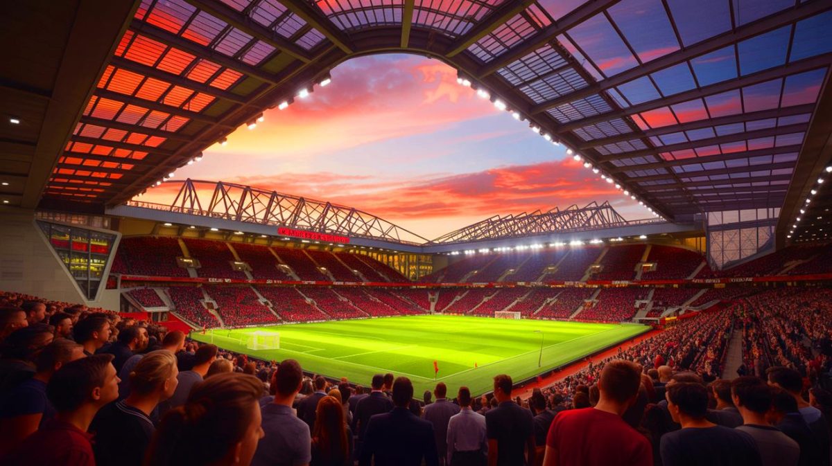 100 000 places, 2 milliards de livres : Manchester United construit le plus grand stade d’Europe, et ce n’est pas une blague Illustration du nouveau stade de Manchester United avec sa structure en forme de parapluie. Image réalisée par IA.