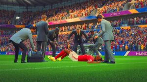 Illustration d'Ousmane Dembélé blessé lors d'un match de football. Image réalisée par IA.