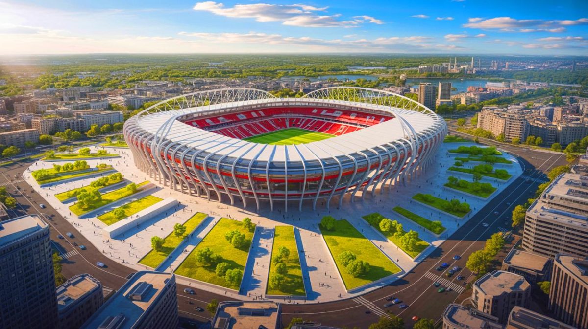 Illustration de la vision futuriste du nouveau stade du PSG à Massy. Image réalisée par IA.