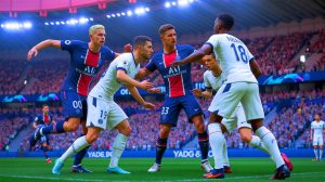 Illustration de la bagarre générale entre les joueurs du PSG et de l'OM lors du Classique du 13 septembre 2020. Image réalisée par IA.