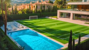 Illustration de la somptueuse maison de Zinedine Zidane à Madrid avec terrain de football et piscine. Image réalisée par IA.
