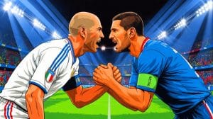 Illustration de l'incident entre Zinedine Zidane et Marco Materazzi lors de la finale de la Coupe du Monde 2006. Image réalisée par IA.