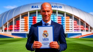 Illustration de Zinedine Zidane obtenant sa licence d'entraîneur UEFA. Image réalisée par IA.