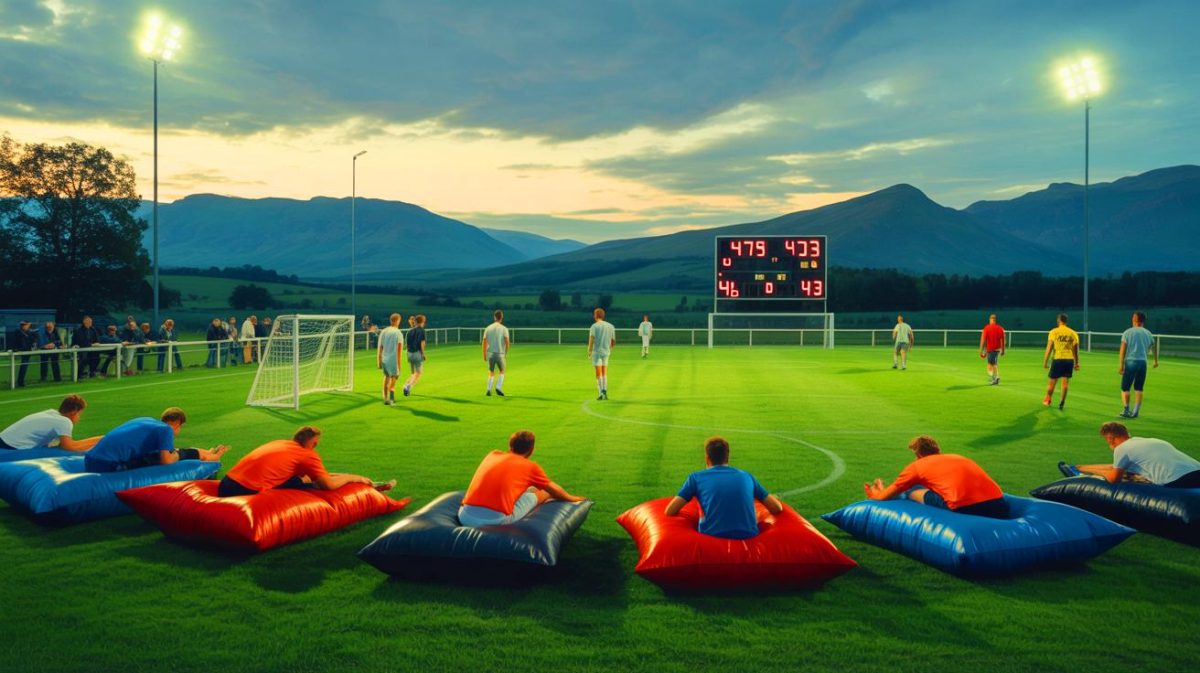 Illustration de footballeurs amateurs établissant un record mondial de match le plus long pour sensibiliser à la maladie de Crigler-Najjar, générée par intelligence artificielle.