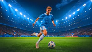 Illustration de jeunes prodiges du football européen en action, générée par intelligence artificielle.