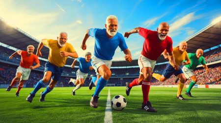Illustration de joueurs de football vétérans défiant les limites de l'âge sur le terrain.