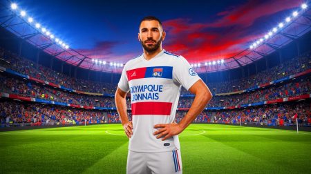 Illustration de Karim Benzema imaginé en joueur de l'Olympique Lyonnais, créée par intelligence artificielle.