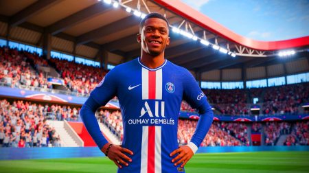 Illustration de Ousmane Dembélé sous le maillot du PSG, créée par intelligence artificielle.
