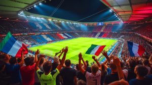 Illustration de l'ambiance vibrante dans les stades de Ligue 1, générée par intelligence artificielle.