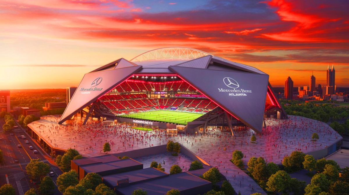 Illustration de l'architecture moderne du Mercedes Benz Stadium à Atlanta, créée par intelligence artificielle.
