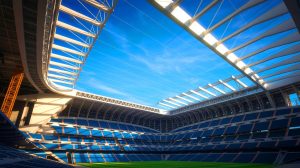 Illustration de la rénovation futuriste du stade Santiago-Bernabeu réalisée par intelligence artificielle.