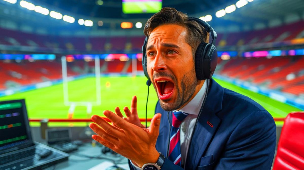 Illustration de Denis Balbir au stade Vélodrome après la victoire de l'Olympique de Marseille contre Leipzig, générée par intelligence artificielle.