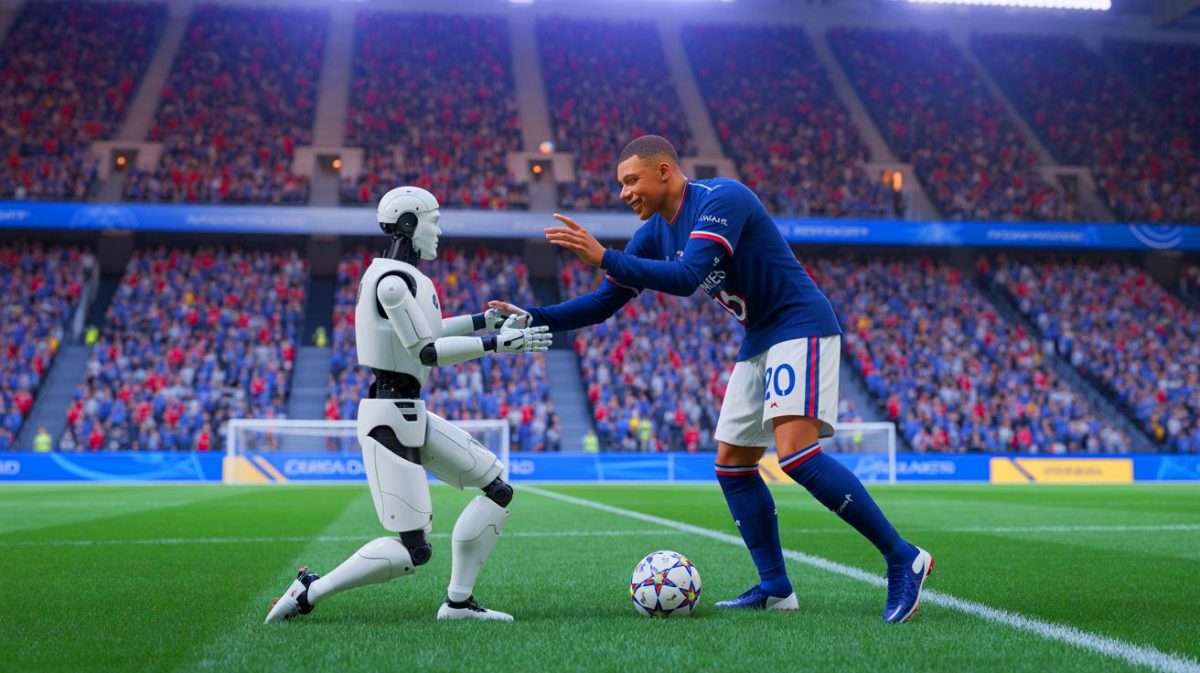 Illustration de Kylian Mbappé félicitant un robot après un but, générée par intelligence artificielle.