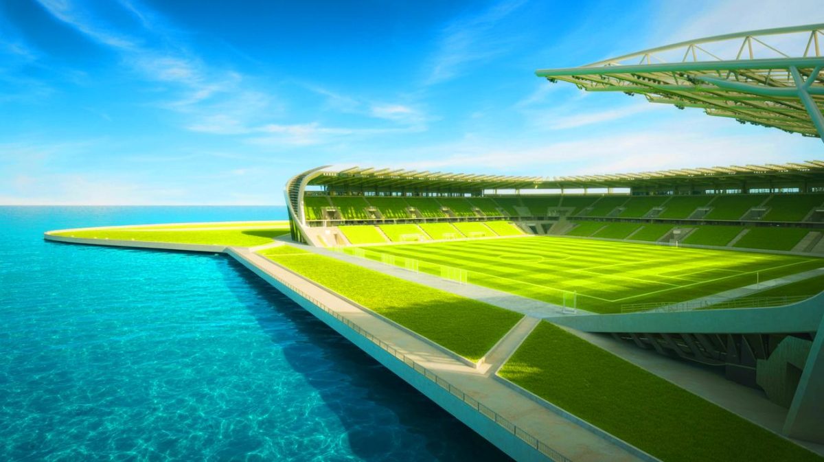 Illustration de stades de football en bord de mer, générée par intelligence artificielle.