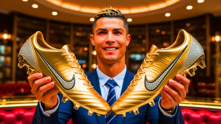 Cristiano Ronaldo choque avec des chaussures à 500 000 euros, serties d’or pur et de diamants comme un roi sur un terrain de foot
