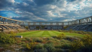 Illustration de l'état actuel du Nou Mestalla, projet de stade inachevé à Valence, générée par intelligence artificielle.